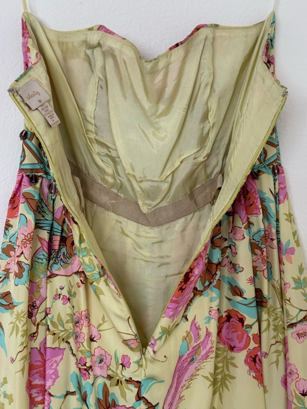 Plenty Strapless Silk Dress Floral Bird Print Yellow Pink Womens 4 Mini - Picture 10 of 14